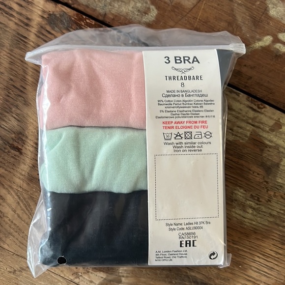 Threadbare 3 pack logo bralet in pink / green / black UK Size 8 - Picture 6 of 6